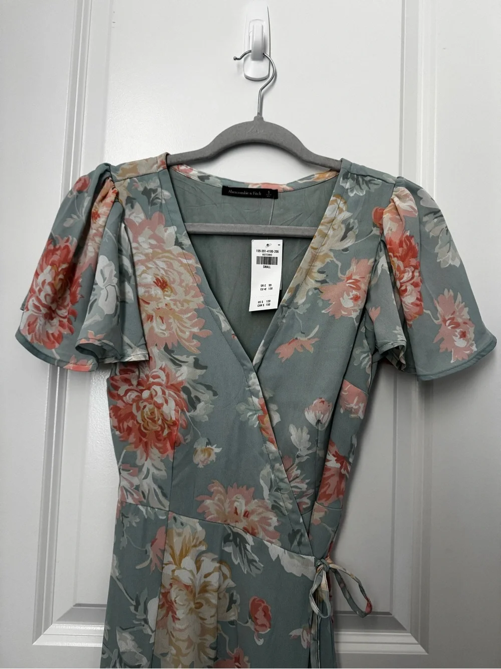 Abercrombie & Fitch Women’s S Green Pink Floral Chiffon Wrap Maxi V-Neck Dress